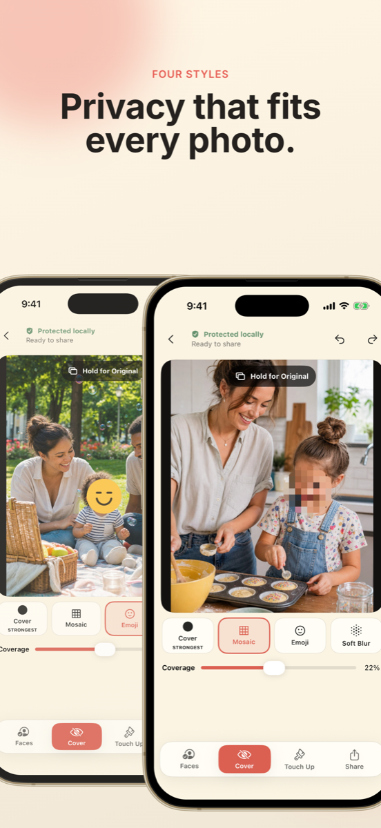 Published app screens showing emoji and mosaic covers. Choose which faces to cover and review details outside the face area too.