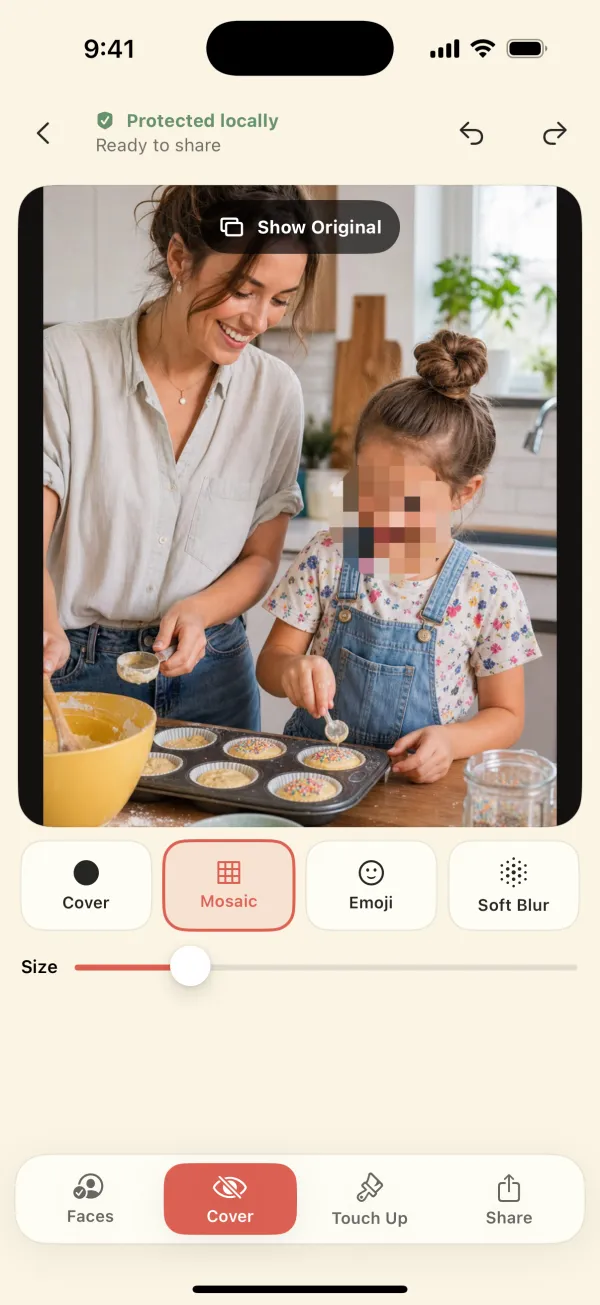 Mosaic style: a child's face pixelated while baking with a parent